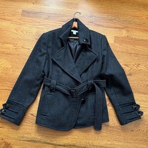 Dress Barn Charcoal Grey Women's Double-Breasted Short Pea Coat with Belt